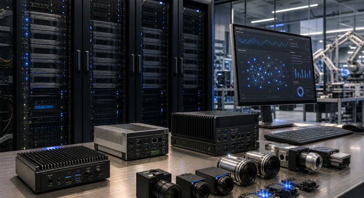 Premium editorial render of an enterprise edge AI deployment stack linking racks, industrial computers, sensors, and operator workstations