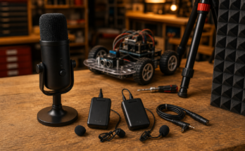 Documentary-style maker lab audio kit with USB microphone, two wireless lav transmitters, coiled cables, robot chassis, and acoustic foam in warm light.