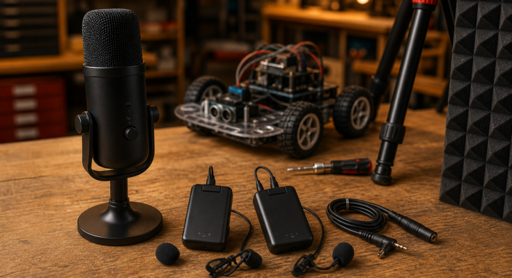 Documentary-style maker lab audio kit with USB microphone, two wireless lav transmitters, coiled cables, robot chassis, and acoustic foam in warm light. Documentary-style maker lab audio kit with USB microphone, two wireless lav transmitters, coiled cables, robot chassis, and acoustic foam in warm light.