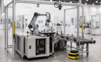 A premium editorial view of an integrated factory automation cell with cobot arm, conveyor, machine vision camera, and control cabinet