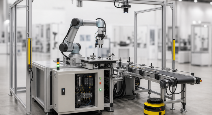 A premium editorial view of an integrated factory automation cell with cobot arm, conveyor, machine vision camera, and control cabinet A premium editorial view of an integrated factory automation cell with cobot arm, conveyor, machine vision camera, and control cabinet
