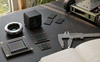 Unbranded camera sensor modules and field documentation gear on an engineering workbench