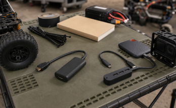 Overhead photo-style field kit with compact HDMI capture dongle, short cables, action camera, USB hub, and labeled-free test notebook.