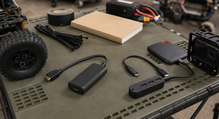 Overhead photo-style field kit with compact HDMI capture dongle, short cables, action camera, USB hub, and labeled-free test notebook. Overhead photo-style field kit with compact HDMI capture dongle, short cables, action camera, USB hub, and labeled-free test notebook.