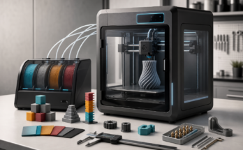 Enclosed desktop 3D printer with multicolor filament unit, calibration prints, and inspection tools on a maker lab bench