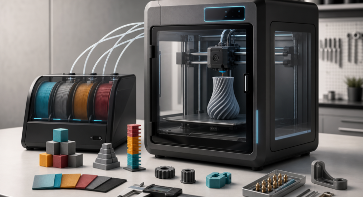 Enclosed desktop 3D printer with multicolor filament unit, calibration prints, and inspection tools on a maker lab bench Enclosed desktop 3D printer with multicolor filament unit, calibration prints, and inspection tools on a maker lab bench