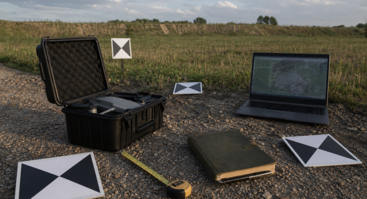 Outdoor field documentation setup with a small drone case, ground control targets, measuring tape, and laptop Outdoor field documentation setup with a small drone case, ground control targets, measuring tape, and laptop