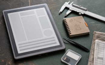 Macro view of a generic e-paper tablet with caliper, field notebook, and maker tools on a workbench
