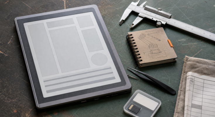 Macro view of a generic e-paper tablet with caliper, field notebook, and maker tools on a workbench Macro view of a generic e-paper tablet with caliper, field notebook, and maker tools on a workbench