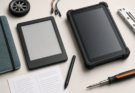 Neutral studio still life comparing an e-reader, rugged tablet, stylus, printed checklist, and small robotics parts