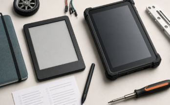 Neutral studio still life comparing an e-reader, rugged tablet, stylus, printed checklist, and small robotics parts
