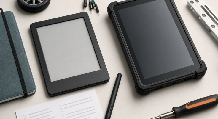 Neutral studio still life comparing an e-reader, rugged tablet, stylus, printed checklist, and small robotics parts Neutral studio still life comparing an e-reader, rugged tablet, stylus, printed checklist, and small robotics parts