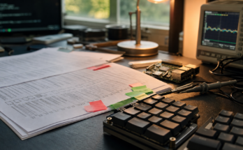 Engineering desk with test checklist, keyboard, single-board computer, and oscilloscope probe representing GPT-5.1 developer workflows