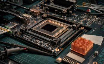 Unbranded AI accelerator package on a semiconductor validation bench.
