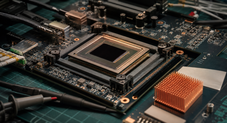 Unbranded AI accelerator package on a semiconductor validation bench. Unbranded AI accelerator package on a semiconductor validation bench.