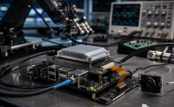 Edge AI development board on a robotics lab bench for JetPack 7.2 workflows
