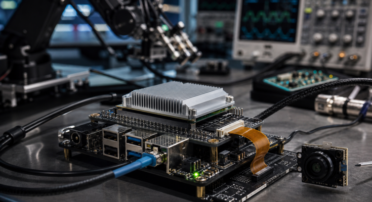 Edge AI development board on a robotics lab bench for JetPack 7.2 workflows Edge AI development board on a robotics lab bench for JetPack 7.2 workflows