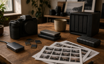 Camera, memory cards, storage drives, card reader, and NAS for local AI photo management workflow