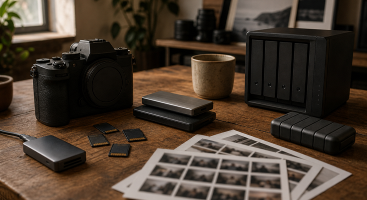 Camera, memory cards, storage drives, card reader, and NAS for local AI photo management workflow Camera, memory cards, storage drives, card reader, and NAS for local AI photo management workflow