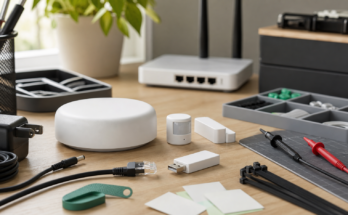 Unbranded smart-home hub, sensors, cables, and diagnostic tools arranged on a clean test bench