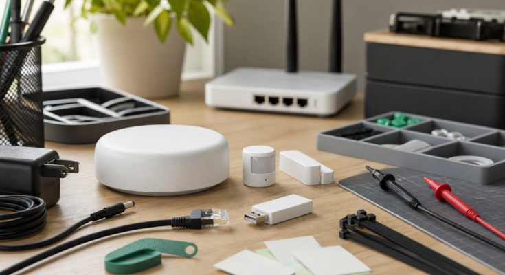 Unbranded smart-home hub, sensors, cables, and diagnostic tools arranged on a clean test bench Unbranded smart-home hub, sensors, cables, and diagnostic tools arranged on a clean test bench