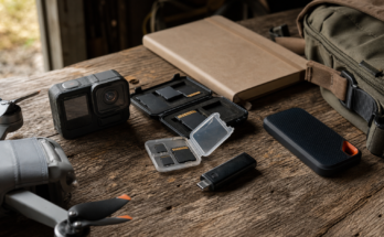 Unbranded memory cards, action camera, drone part, card reader, and external SSD in a warm field kit still life