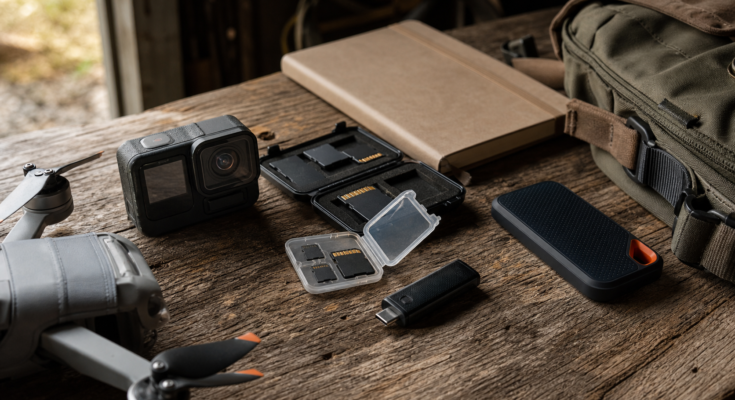 Unbranded memory cards, action camera, drone part, card reader, and external SSD in a warm field kit still life Unbranded memory cards, action camera, drone part, card reader, and external SSD in a warm field kit still life