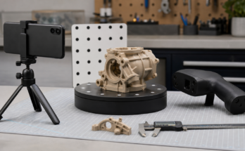 Generic smartphone capture setup beside a handheld 3D scanner and mechanical part