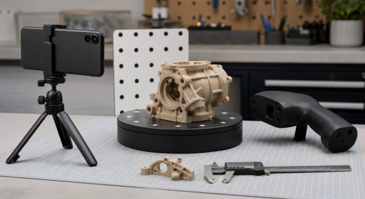 Generic smartphone capture setup beside a handheld 3D scanner and mechanical part Generic smartphone capture setup beside a handheld 3D scanner and mechanical part