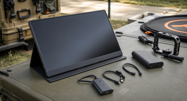 Portable monitor field kit with cables, battery, and camera gear on an outdoor work table