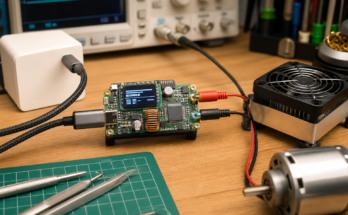 Premium close-up render of an ESP32 USB-C PD programmable bench power supply on an electronics workbench with probes and a compact display