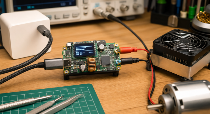 Premium close-up render of an ESP32 USB-C PD programmable bench power supply on an electronics workbench with probes and a compact display Premium close-up render of an ESP32 USB-C PD programmable bench power supply on an electronics workbench with probes and a compact display