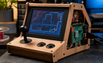 Premium studio photo of a Raspberry Pi arcade prototype with joystick controls and a screen showing abstract generated game graphics