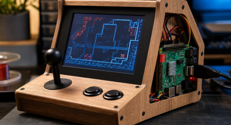 Premium studio photo of a Raspberry Pi arcade prototype with joystick controls and a screen showing abstract generated game graphics Premium studio photo of a Raspberry Pi arcade prototype with joystick controls and a screen showing abstract generated game graphics