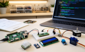 A Raspberry Pi and Pico STEM workbench with sensors, a small display, wiring, and Python project notes on a laptop