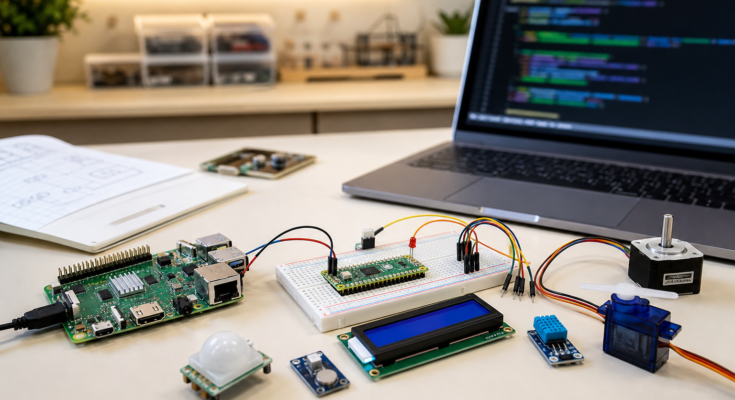 A Raspberry Pi and Pico STEM workbench with sensors, a small display, wiring, and Python project notes on a laptop A Raspberry Pi and Pico STEM workbench with sensors, a small display, wiring, and Python project notes on a laptop