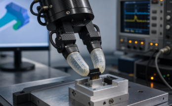 A realistic robotic tactile gripper testing component insertion on a lab bench with sensor readout equipment