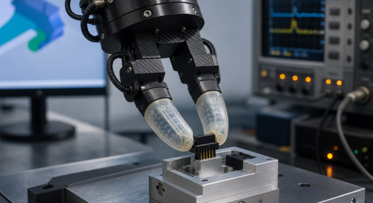 A realistic robotic tactile gripper testing component insertion on a lab bench with sensor readout equipment A realistic robotic tactile gripper testing component insertion on a lab bench with sensor readout equipment