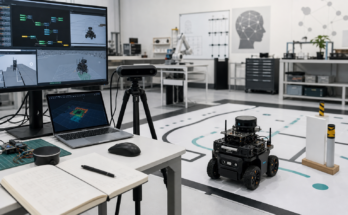 Premium editorial render of a robotics lab workflow with ROS nodes, simulation monitors, sensors, and a mobile robot under test