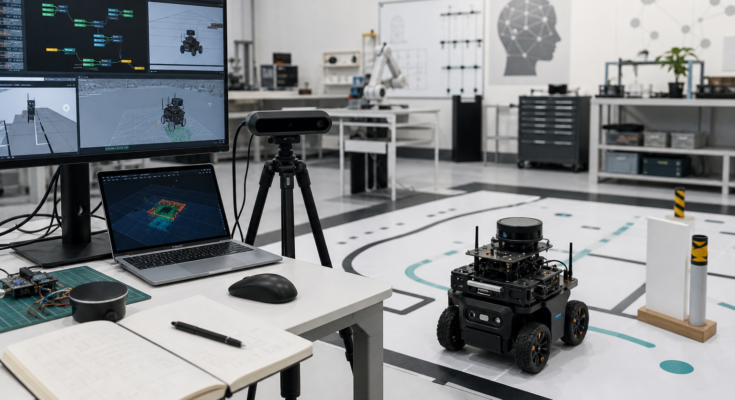 Premium editorial render of a robotics lab workflow with ROS nodes, simulation monitors, sensors, and a mobile robot under test Premium editorial render of a robotics lab workflow with ROS nodes, simulation monitors, sensors, and a mobile robot under test