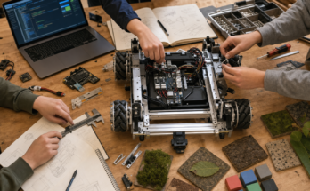 STEM robotics workbench with competition robot chassis, sensors, notebooks, and biodiversity-inspired test pieces