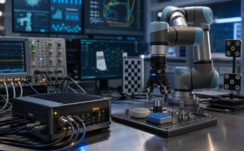 Robotics evaluation bench with robot arm, edge AI compute hardware, sensors, and benchmark dashboards