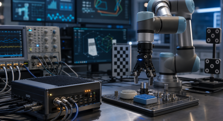 Robotics evaluation bench with robot arm, edge AI compute hardware, sensors, and benchmark dashboards Robotics evaluation bench with robot arm, edge AI compute hardware, sensors, and benchmark dashboards