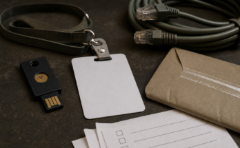 Security key, access badge, cables, and blank checklist for secure AI coding agent deployment