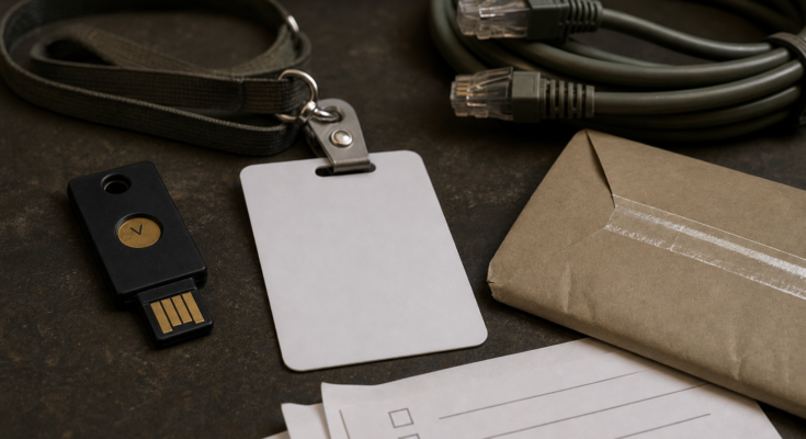 Security key, access badge, cables, and blank checklist for secure AI coding agent deployment Security key, access badge, cables, and blank checklist for secure AI coding agent deployment