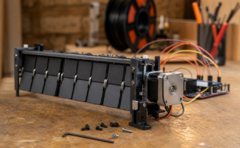 Close-up workshop view of a partially assembled 3D-printed split-flap display module with stepper motor and test tools.