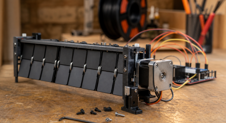 Close-up workshop view of a partially assembled 3D-printed split-flap display module with stepper motor and test tools. Close-up workshop view of a partially assembled 3D-printed split-flap display module with stepper motor and test tools.