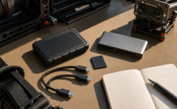 Unbranded USB-C field storage kit with portable SSD, cables, card reader, and camera rig parts.