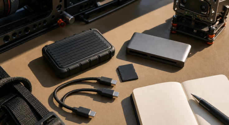 Unbranded USB-C field storage kit with portable SSD, cables, card reader, and camera rig parts. Unbranded USB-C field storage kit with portable SSD, cables, card reader, and camera rig parts.