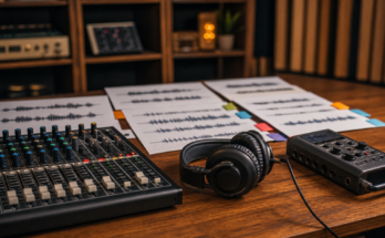 Audio mixing console and waveform review sheets representing AI music labeling workflow